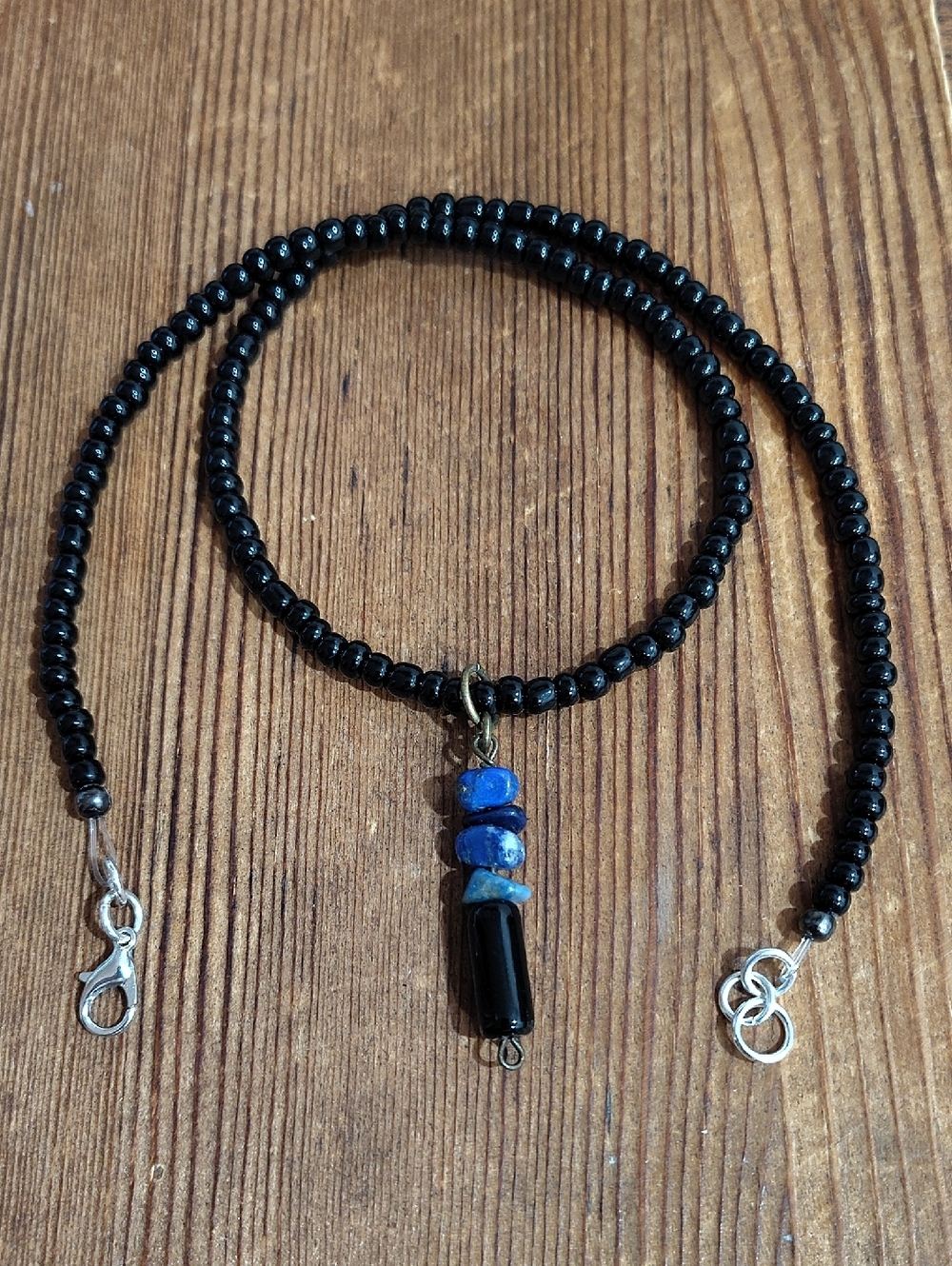Black Beaded Beach Style Men's Necklace with Blue Lapis Nuggets Stone Pendant